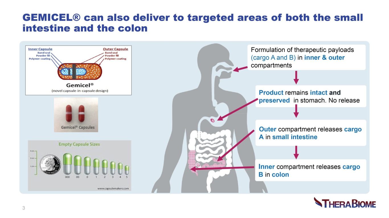 GEMICEL can also deliver to targeted areas of both the small intestine and the colon. Formulation of therapeutic payloads. Cargos A and B. Inner and outer compartments. No release in stomach. Outer inner compartment release.