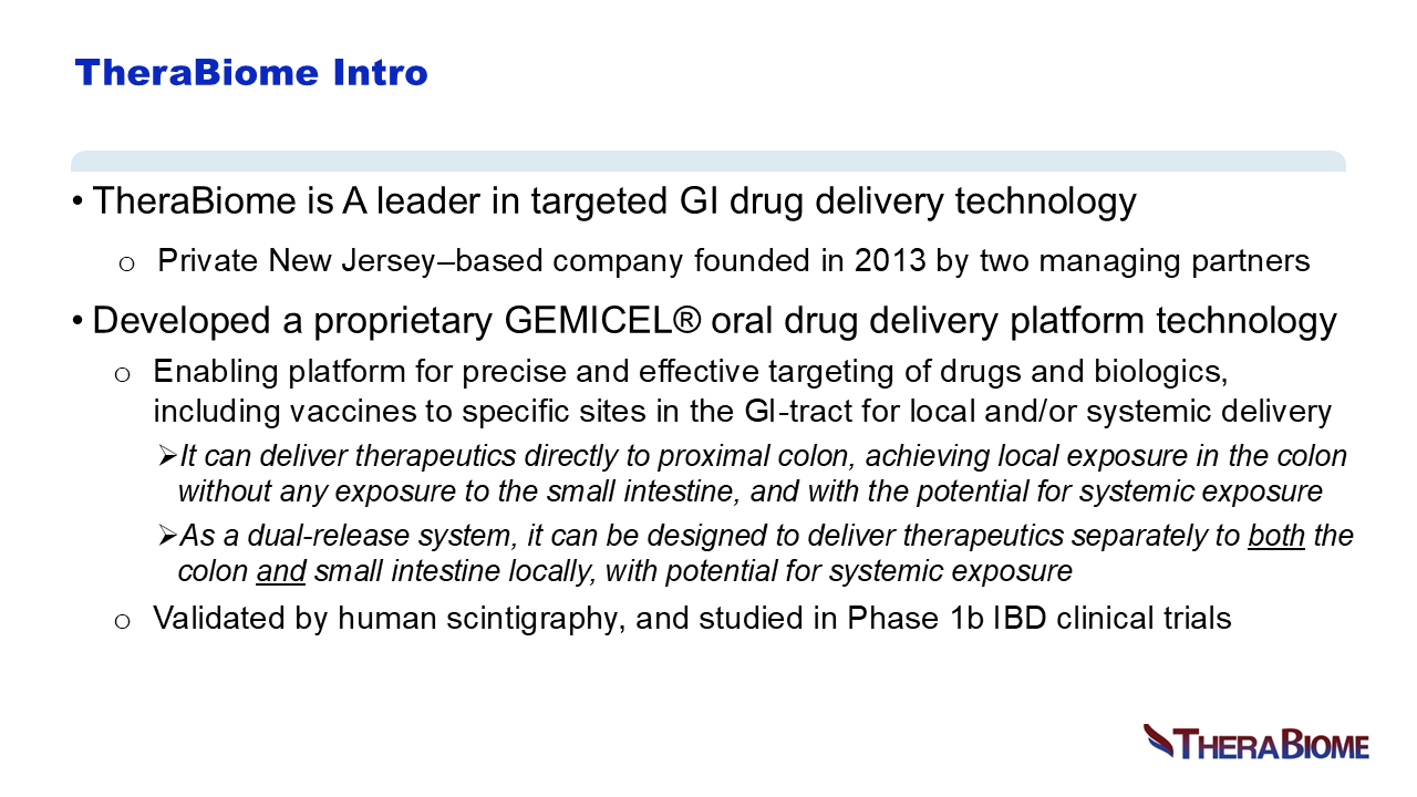 TheraBiome's GEMICEL oral drug delivery technology Enabling platform to specific sites in the GI-tract Proximal colon. Local and systemic. 